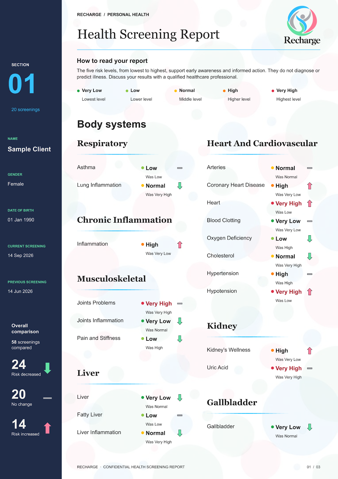 Sample Recharge report, page 1: Body systems. Fictional client and results.